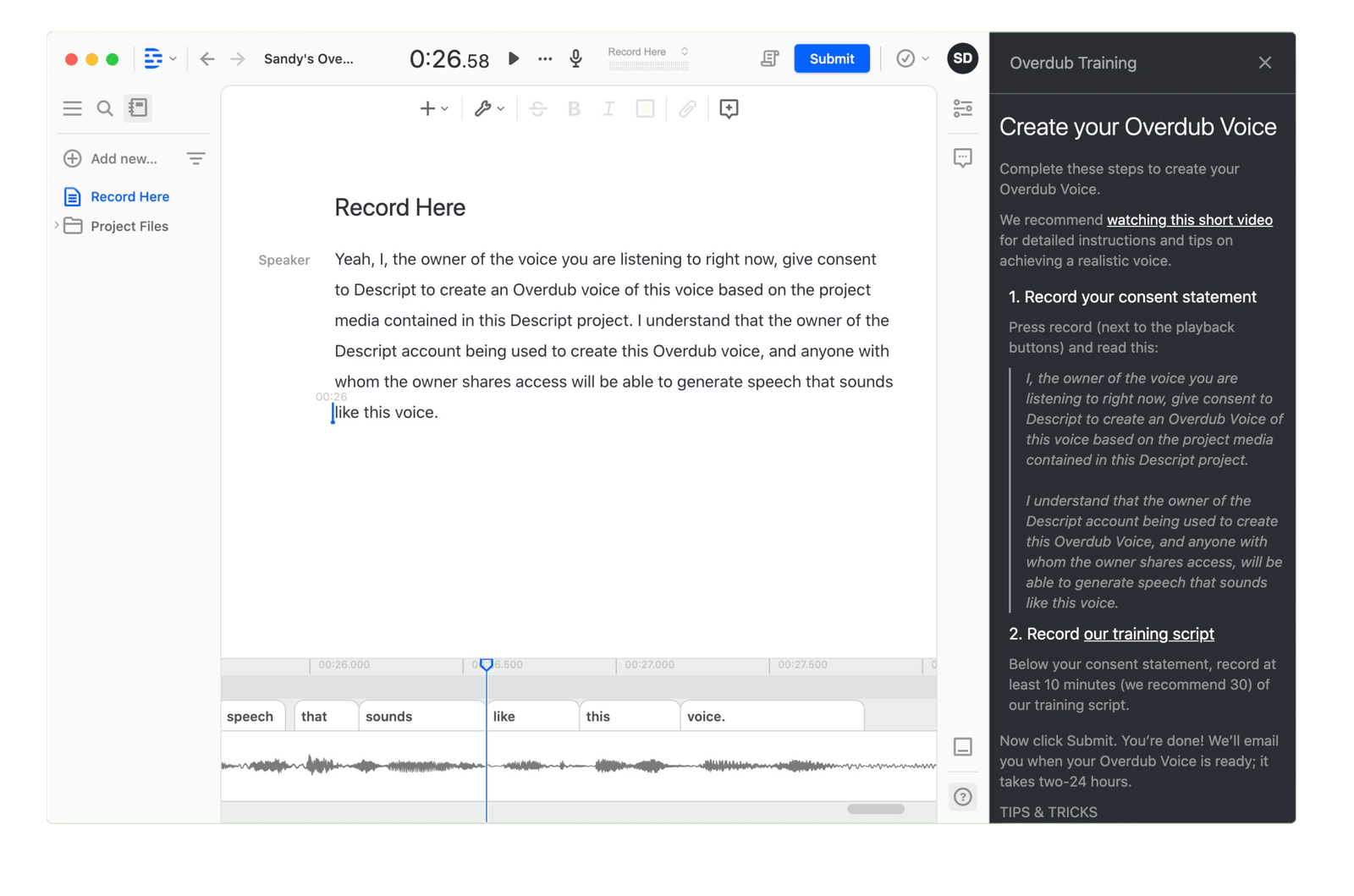 Descript Overdub voice cloning settings screen