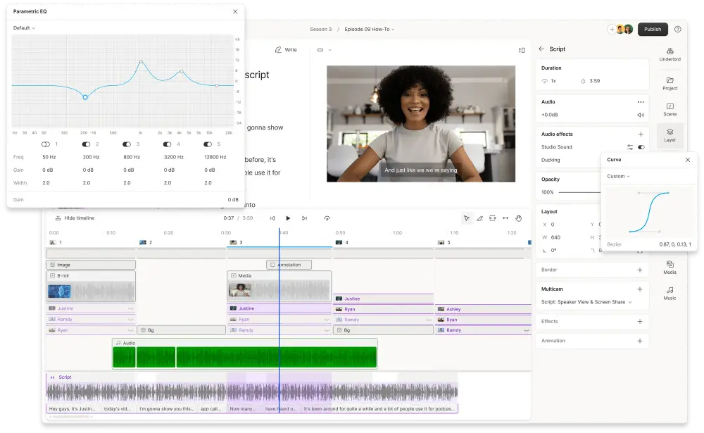 Descript video editing software automatic transcription panel