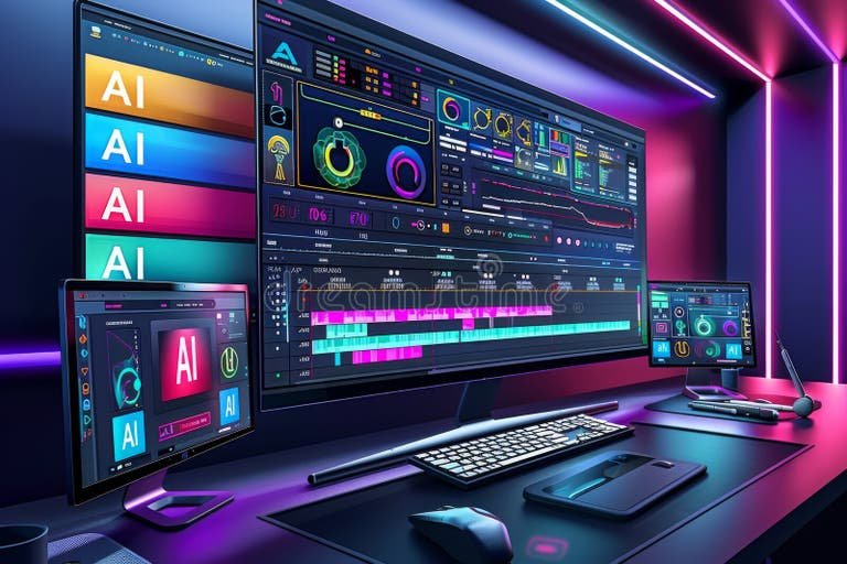 Digital creator workstation with multiple AI tool screens