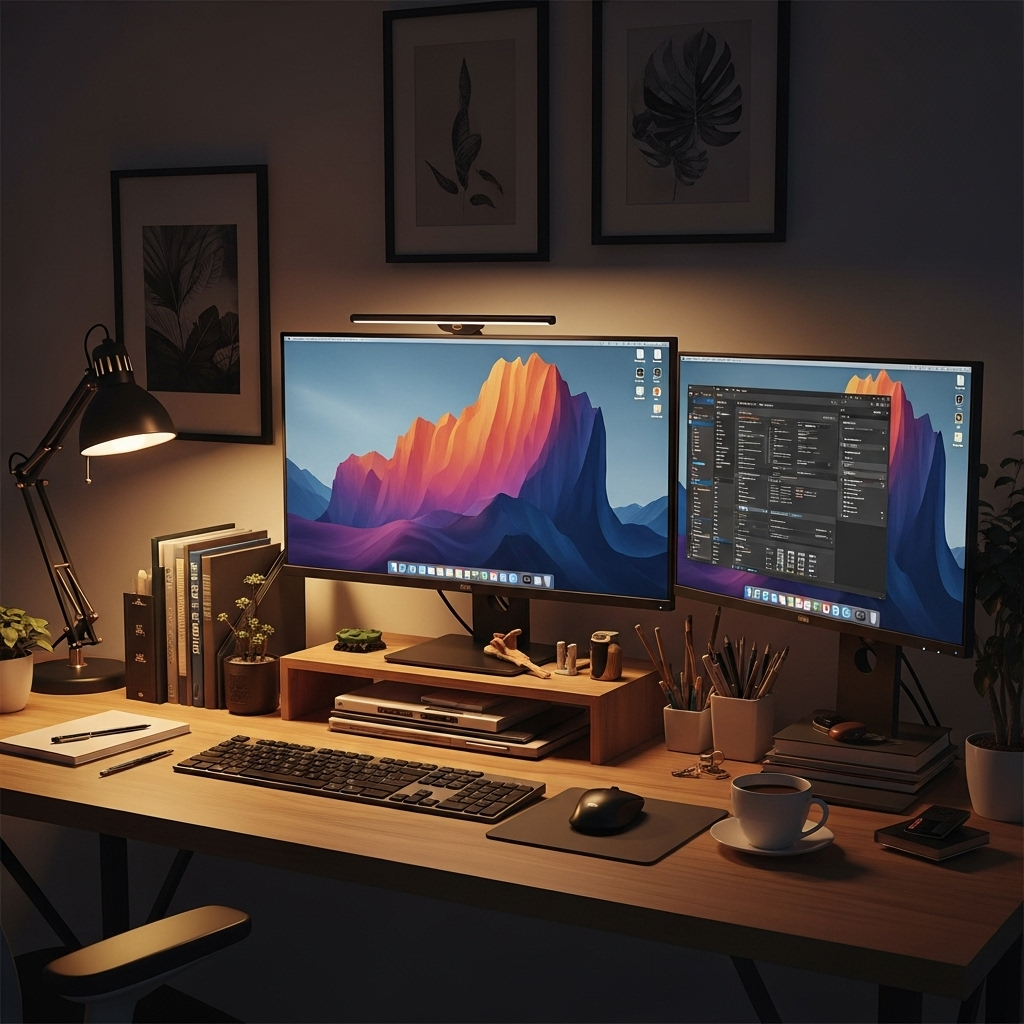 futuristic minimalist workspace with dual monitors and AI interface visualization