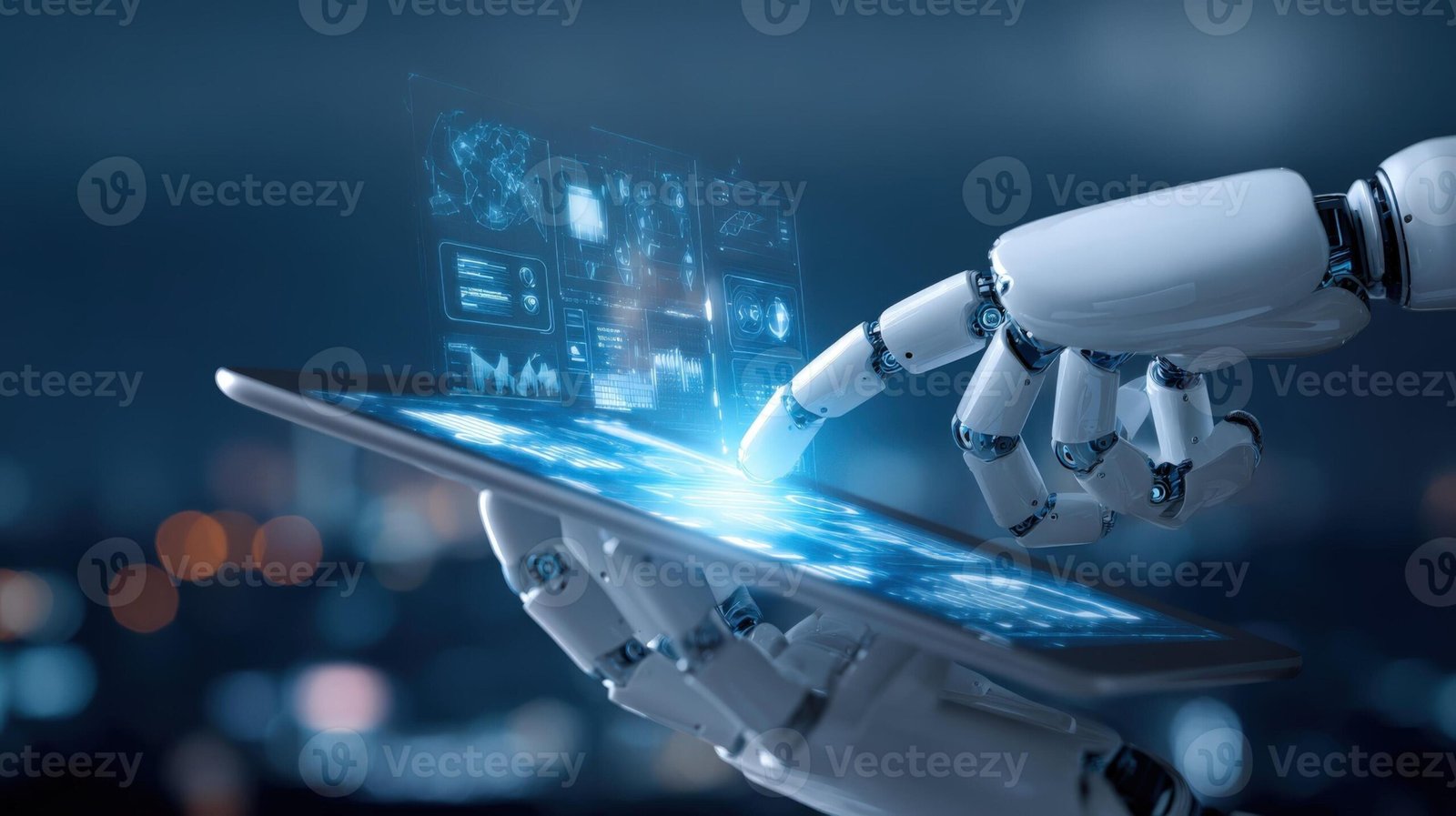 hand checking a tablet screen with AI graphics and creative ideas