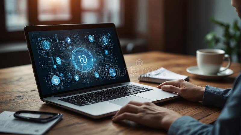 Person smiling and working on a laptop with futuristic holographic search icons around them