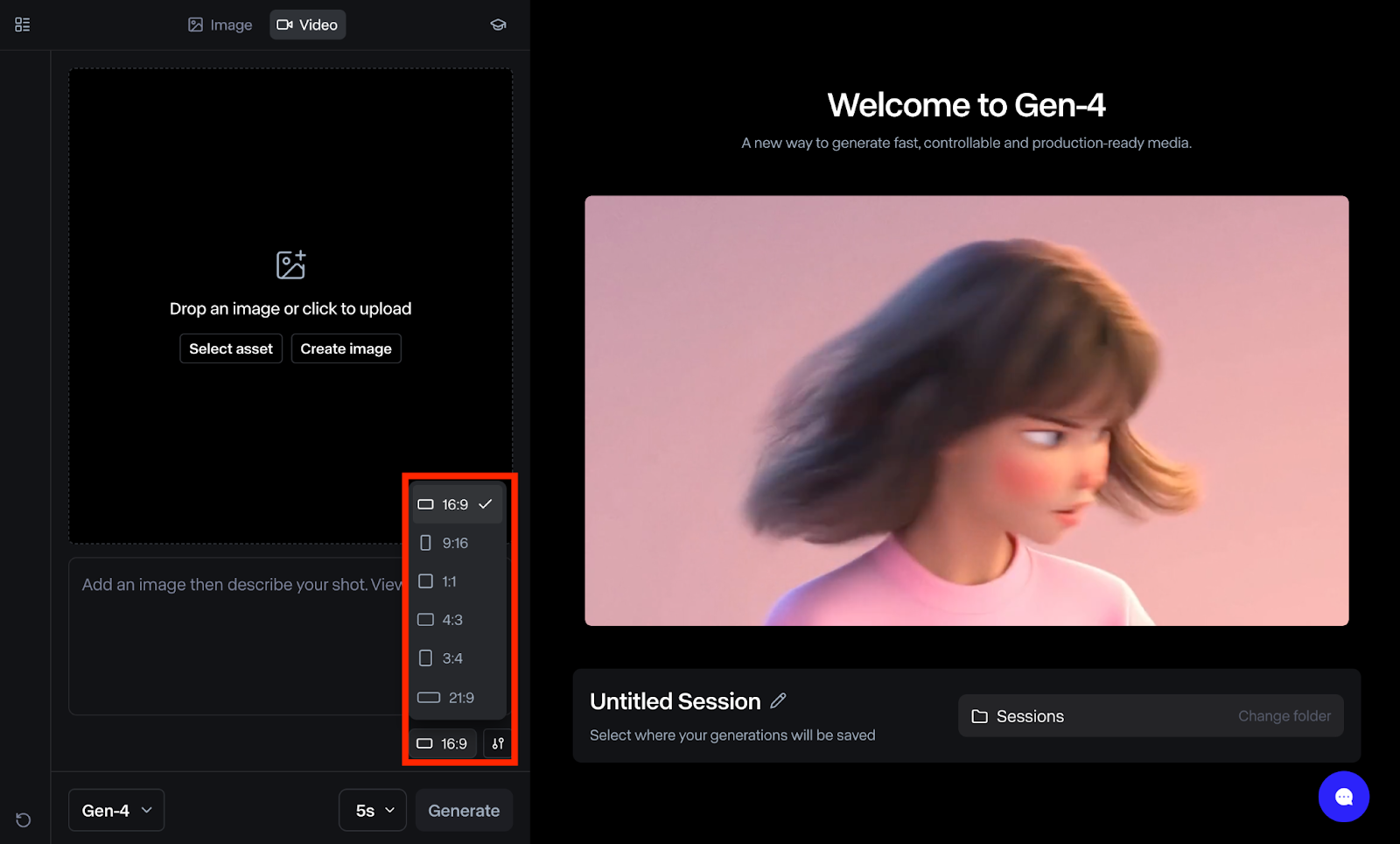 Runway Gen-4 video generation interface with text prompt box