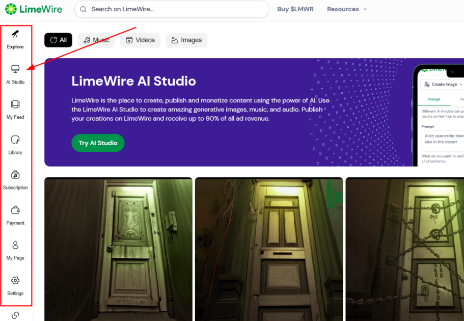 LimeWire AI Studio dashboard 2026